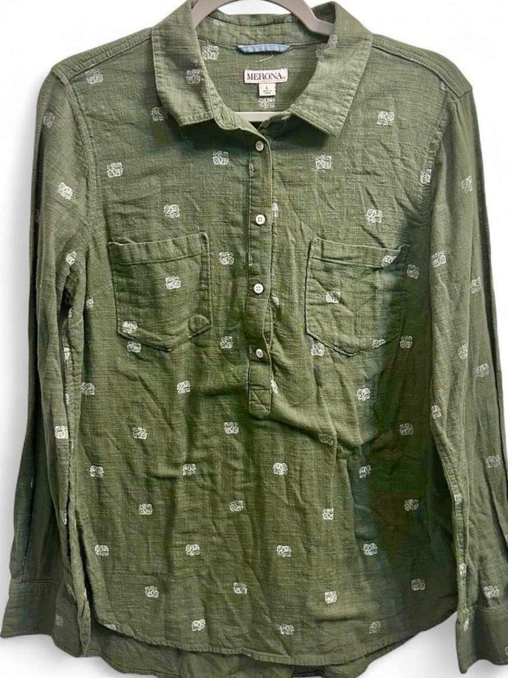 Olive green elephant print popover tunic blouse